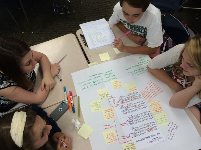 Here is a picture of the period 7 group who annotated the same poem. They used sticky notes to differentiate their findings from Period 4's noticings.