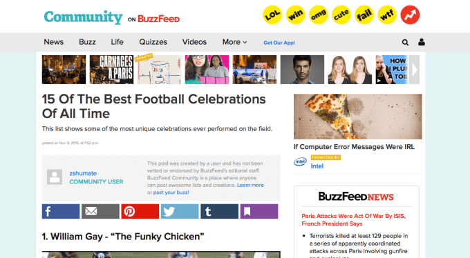 Zach's BuzzFeed List, which has had over 10,000 views! You can see his list live on BuzzFeed here: http://www.buzzfeed.com/zshumate/15-best-football-celebrations-of-all-time-1yhj4#.ud4m2vOVl